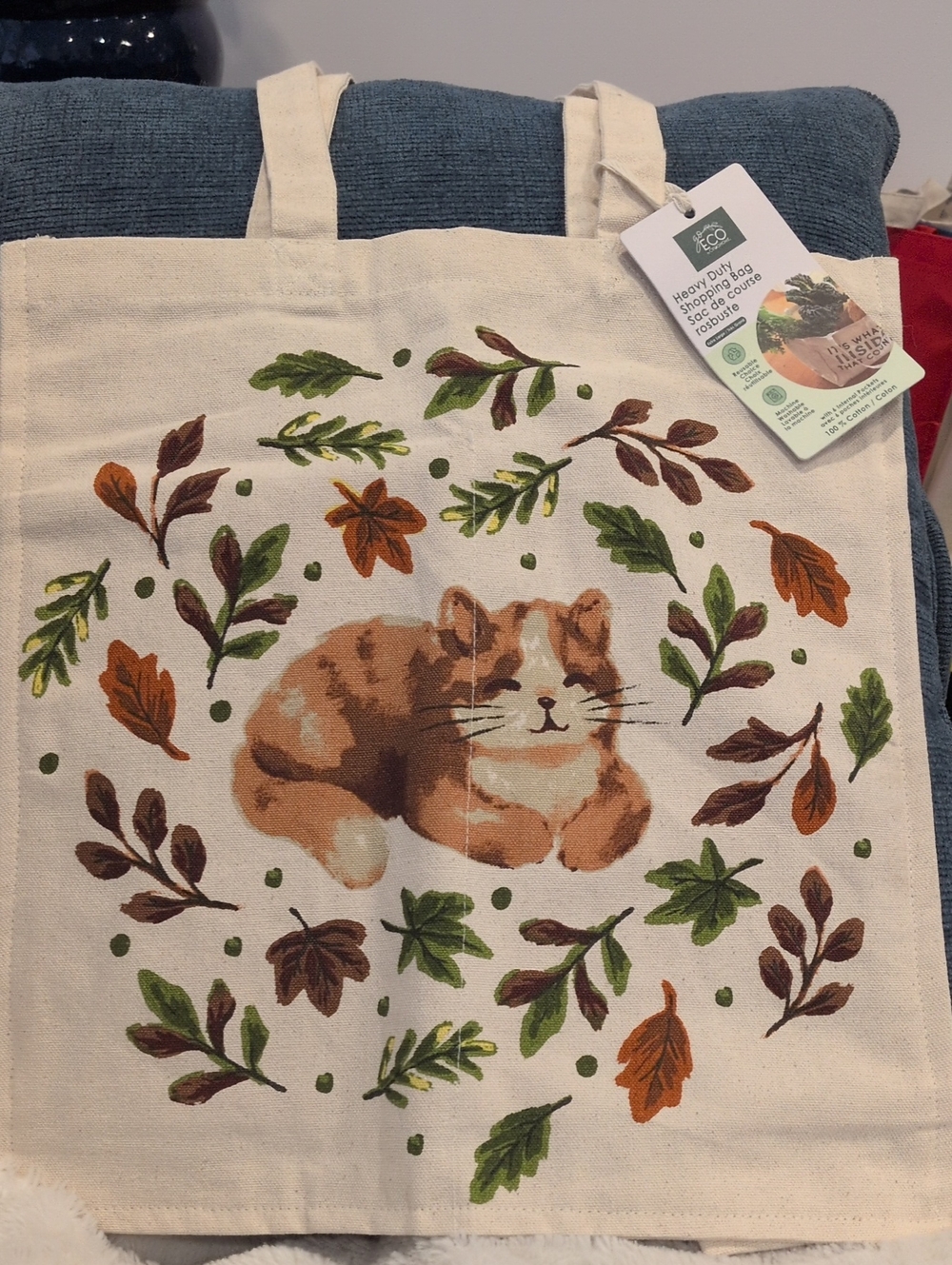 Cream Cotton Tote Bag with Orange Cat and Green Leaf Motif